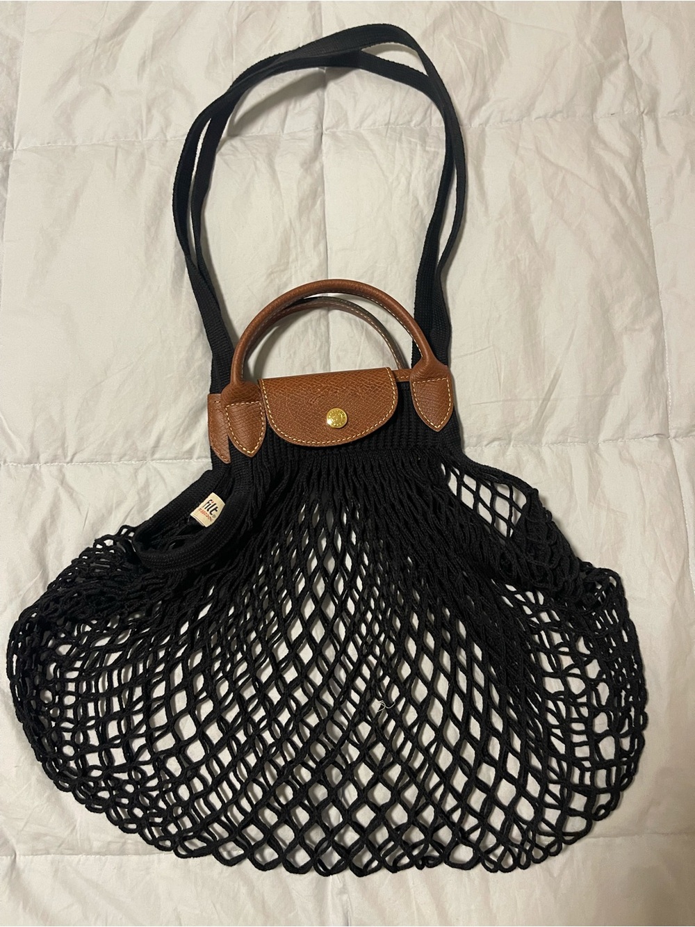 Longchamp Black Mesh Tote with Brown Leather Trim